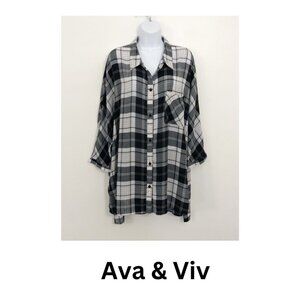 Ava & Viv Plaid Black White Tunic Top Size 2X Hi/Lo